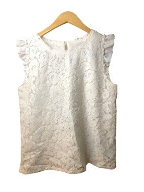 LOFT- WOMENS WHITE LACE LINED CREW NECKBACK BUTTON CLOSURE BLOUSE TOP SIZE SMALL